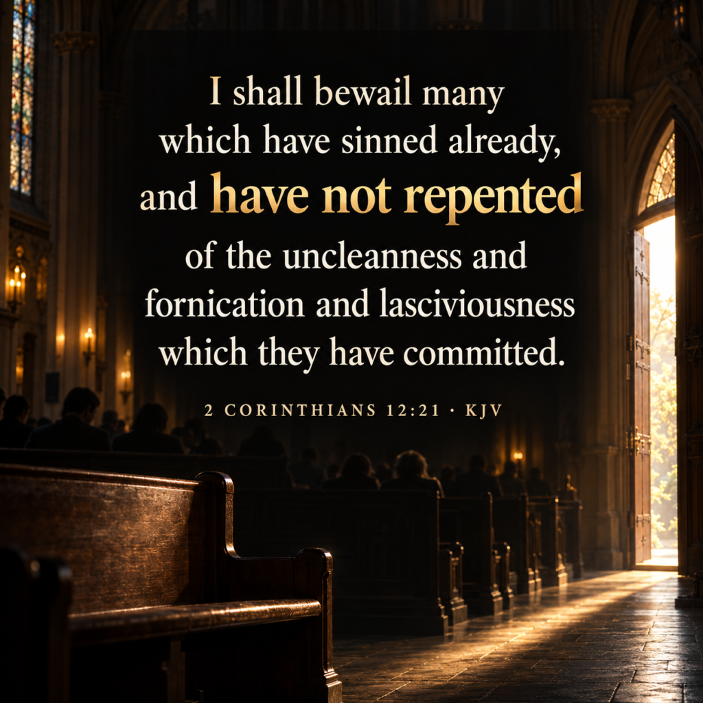 2 Corinthians 12:21 KJV warning about sin and refusing to repent, shown inside a church.
