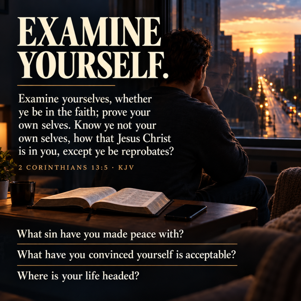 2 Corinthians 13:5 KJV graphic inviting readers to examine their faith and the direction of their lives.